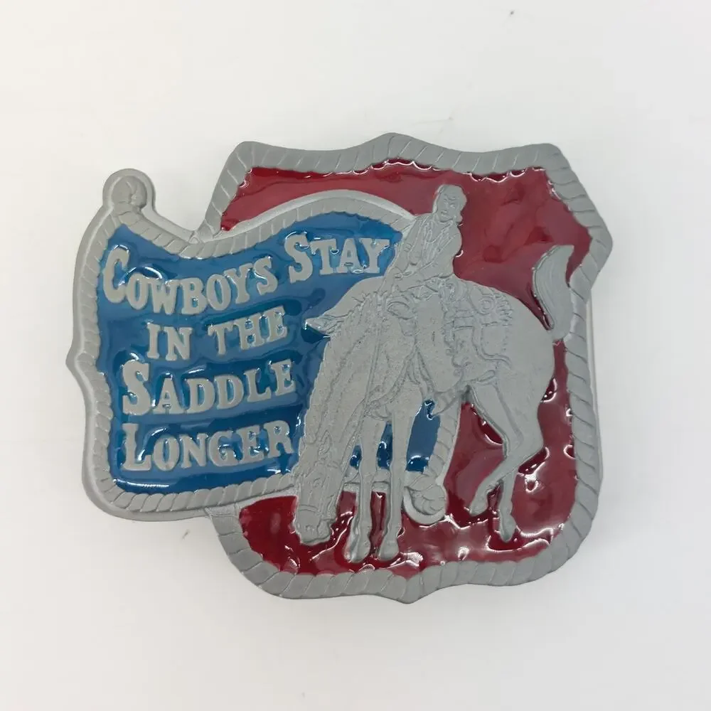 Cowboys Stay in the Saddle Longer Red Blue Enamel Belt Buckle